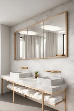 Create a rendering of a bathroom with two toilets in the background, two marble sinks on one side and a vanity with mirror inside a cafeteria.