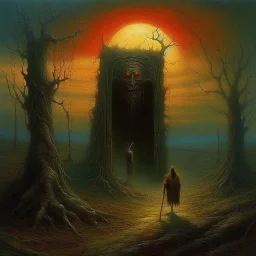 High concept art, horror movie aesthetic, by Zdzislaw Beksinski and Gabriel Pacheco, fine matte oil painting, in an empty field guarding a surreal standalone wooden doorway revealing a portal of brilliant light is a fearsome minitour holding an axe who has a television set on his head broadcasting a picture of a bull head, sinister, concept art, oddball masterpiece, sfumato, complex contrast,