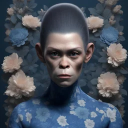 mugshot, Planet of the Apes, blue, large, floral designs, atmospheric, beautiful, China Doll, , dark background, mid shot, full body, neutral expression, buzzcut hair, ultra realistic, highres, superb, 8k wallpaper, extremely detailed, intricate, limited palette,