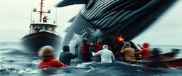 titanic humping whale, close up on scared people, collisions, aggression, ship hitting animals, animals interacting with vehicles, whales near boats, overlapping subjects, chaotic composition, distortion, surreal behavior, violence, confusion, merged objects, happiest whale ever