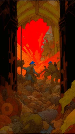 from inside a trench from the first world war traced between the remains of coconuts, in the background a brutal war rages, small and colorful cyberpunk creatures swarm through the floor and air, agony and despair in front of the final battle in the style by alphonse mucha