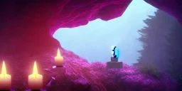 single pink crystal, on an altar in a foggy cave, cinematic,