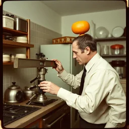 Vintage situational absurd photograph of a man with an Orange for a head pulling a level on a strange retro futurist kitchen contraption, by Joel-Peter Witkin, absurd, weird, 8MM film still that looks aged and damaged