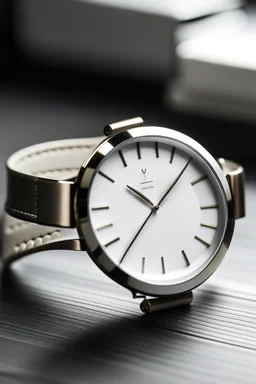 Create a minimalist white gold men's watch with a modern twist. Focus on sleek and simple design elements, highlighting the watch's contemporary appeal.