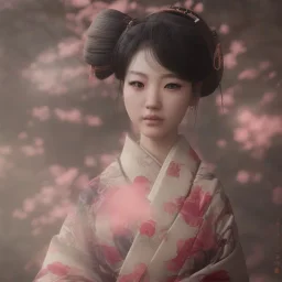 mulher japonesa maravilhosa, pouco gorda, rosto muito detalhado, vestindo roupa geisha, efeito de névoa, efeito de partículas,