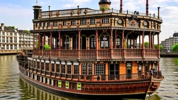 large wooden Victorian pleasure steamboat flying above a city, balconies, verandas