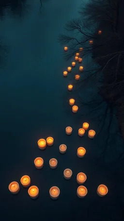 Candles floating on the water of a river , in the style of bosch nightmares , top view and there are trees on the river bank in romantic theme