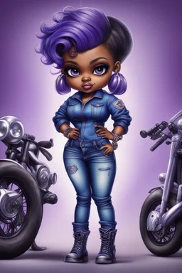 create an airbrush illustration of a chibi cartoon voluptuous black female wearing a blue jean outfit with biker boots. Prominent make up with hazel eyes. Extremely highly detail of a very low purple pixie haircut. Background of a bike show.