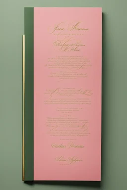 An extremely formal, funeral program written in French for a black woman on salmon pink deeply pigmented velvet paper with brilliant, brightest heavy golden greenish calligraphy fonts, simple, minimalistic, less element, very dramatic lighting