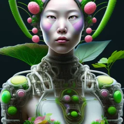 closeup portrait of biopunk asian female floral cyborg, cyberpunk face made of plants. By Piero della Francesca --ar 2:3 --test --creative