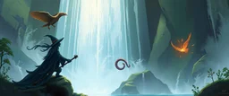 octopus bird witch bear by waterfall looks beyond really powerful, fantasy illustration
