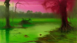 A magenta psychic swamp with frogs painted by George Inness