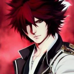 Detailed anime boy, crimson red hair, long parted hairstyle, devil may cry 5 dante hairstyle, wolf ears protruding out, white trench coat, intricate details, full body portrait, keep head in frame, slight smile, black Japanese motif, concept art, highly detailed, digital painting, concept art, sharp focus, illustration, art by Yoji Shinkawa, WLOP and greg rutkowski and alphonse mucha and artgerm and yanjun Chen and Junji ito and Makoto Shinkai, HDR, octane render, highly detailed