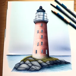 A colored pencil drawing of the brick lighthouse Lista Lighthouse in Norway