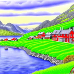 Norway colored pencil drawing, realistic, serene, landscape, detailed