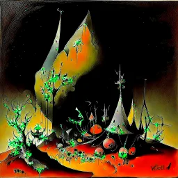 : ̗̀➛˚₊· ͟͟͞͞➳❥, by Yves Tanguy, Otto Dix, surreal, emotionally disturbing, dark vibrant colors