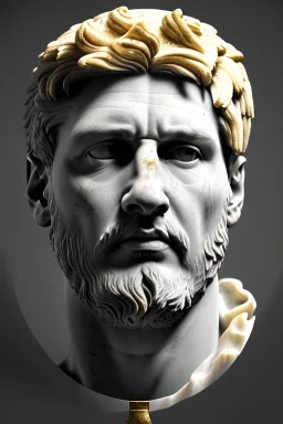 Ultra Realistic image, Roman sculpture, white marble material, Lionel Messi, gold Laurel wreath, gold ornaments, chisel style, waist up portrait, epic, celestial, cinematic lighting, God light, god rays, 4k resolution, smooth details, ornate details, soft lighting, unreal engine 5, marble background.