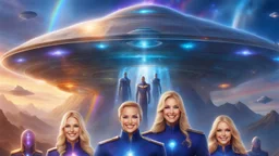 ufos rainbows,beautifuls paysages, fantastic colours,cosmic woman ,beautiful ufos rainbow, admiral from the future, galactic confédération, fine whole face, crystalline skin, expressive purple eyes,rainbow, smiling lips, very nice smile, costume pleiadian, Beautiful tall woman pleiadian Galactic commander, ship, perfect datailed golden galactic suit, high rank, long blond hair, hand whit five perfect detailed finger, amazing big puple eyes, mouth, high définition lips, cosmic happiness, bright