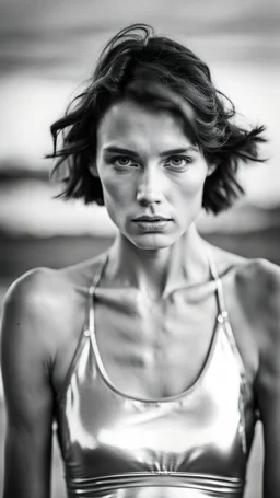 beautiful anorexic young woman, total shot, short shiny silver triathlon swimsuit, short brunette wavy bob hair, blurred beach background