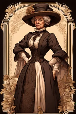 warm but stern aunty victorian era, posh british accent influenced, high born facial features dnd character on a solid black background, full body image, high quality realistic.