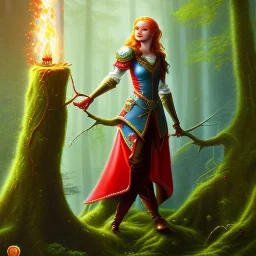 romantic fantasy spray painting, portrait of cute smiling green eyed red head robed elf poet with ornament,sitting on a branch, loosing torch in magical forest by waterfall