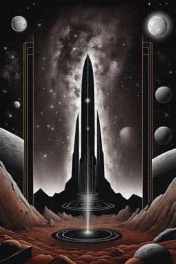 On the barren, red surface of Mars, a towering black monolith made of polished marble stands proudly against the backdrop of the vast and starry galaxy. The monolith carved with intricate alien hieroglyphs and strange designs glow with an pale light. detailed, sharp focus, masterpiece