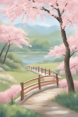 Illustrate a serene scene of cherry blossoms (sakura) in various stages of bloom. Use soft, pastel colors to capture the tranquility of spring in Japan.