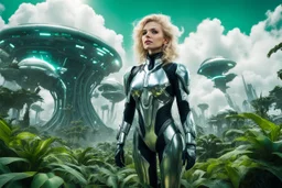 Wide angle photo of a sci-fi woman with blond hair, silver and black futuristic spacesuit looking android-like, standing on an alien jungle planet with cloud trees in multiple green hues