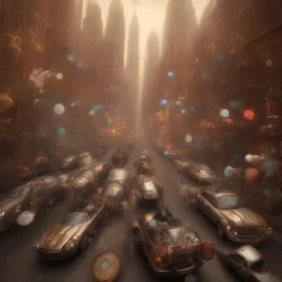 steam punk traffic jam in New york 3D blender full lenght flying mushrooms in the sky by Dali