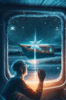 doctor cutting glasses off patient , with background star field seen in the window of a boat, 4 k, trending art, depth of field