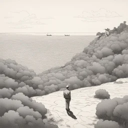 a alone man. pen and ink, birds eye view, illustrated by hergé, Background space and earth