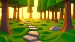 fantasy environment first person view, a path going through a dense green leaf forest, summer warm dusk time, a campfire on the left, blocky 3D low poly cartoon render style, 360 degrees panorama image