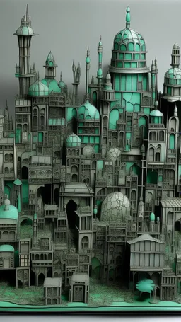 A grayish mint colored ancient African cyberized city made out of steel designed in Javanese shadow puppets painted by Gustav Klimt