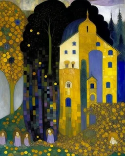 A haunted violet castle painted by Gustav Klimt