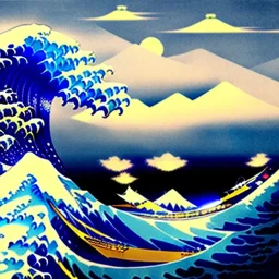 kanagawas wave with Ship in the middle by Hokusai,lighting, origami style, paper cut style