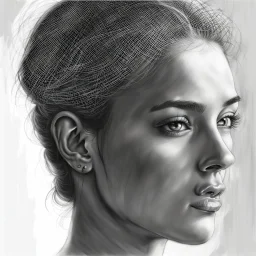 dibujo en grafito realista de rostro mujer 35 años pelo negro cola de caballo ojos cerrados picado rasgos definidos boca levemente abierta labios definidos iluminacion desde arriba de perfil