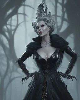 old evil queen in black leather gown, femme fatale, volouptous, busty, cleavage, angry, emperious, 8k resolution concept art portrait by Greg Rutkowski,