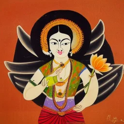 cow with wings holding a lotus and beer in Indian painting style