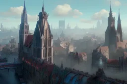 Bruge+billboards+Gothic city+ BioShock+Dishonored+Bloodborne +trieste+Edinburgh+Chicago+victorian London+decòpunk Skyscraper+ +steampunk+biopunk+alphonse mucha, greg rutkowski, matte painting, cryengine, hyper detailed, felix kelly, fantasy art, seb mckinnon