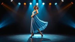 very beautiful 1 lady with makeup bob hair pretty long skirt and bluose high heels, full body dancing gracefully in modern stage,dynamic lights