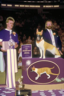 1990 dog show realistic (film Color Mission 200::10) photo from old disposable camera with a cat body rabit head winning first prize, grainy photo