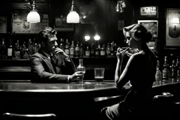 black and white photo, an crisis of a couple in a bar. The scene is set in a dimly lit bar with a melancholic atmosphere, evoking a film noir style. The bar is filled with smoke and shadows, and with couples talking and drinking. At the bar counter, a man and a woman sit beside each other. The man is hold a glass beer and looking another young woman in bar, while the woman sadding face looking the counter. dramatic shadows, woman sadding face looking the counter. sadness, paint, loneliness