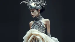 Futuristic steampunk fashion editorial, subtle rococo influences, a slender androgynous model with a pale face, silver abstract nonfigurative tattoos flowing across the face and neck, dark silver and off-white color palette. Wearing an extraordinary long sculptural dress layered over glossy metallic leggings, intricate futuristic steampunk details, elegant mechanical ornaments. Elaborate headpiece combining a decorative hair ornament, rococo hat and futuristic half helmet