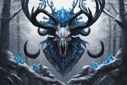 Venom Shadow symbiote in 8k realistic anime drawing style, Deer skull, non-eyes, blue neon crystal Antlers, dark snow forest, intricate details, highly detailed, high details, detailed portrait, masterpiece,ultra detailed, ultra quality