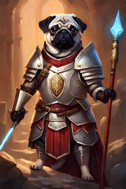 a detailed portrait of pug in armor with long magic staff illustrator, by justin gerard and greg rutkowski, digital art, realistic painting, dnd, character design, trending on artstation