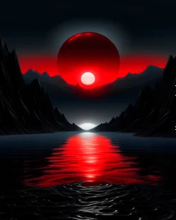 ocean and red sun, mountainous landscape, dark silver and black tones, sci-fi influenced, photo-realistic landscapes, symmetrical