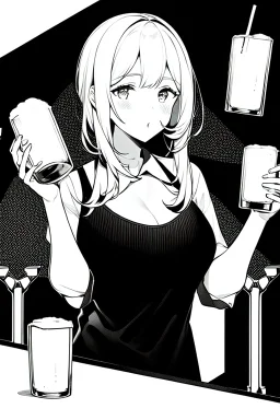 girl drinking a beer, line arts, greyscale