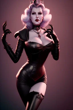 Lana Turner as evil queen in black leather, leather, busty, cleavage, angry, stern look. character design by cory loftis, fenghua zhong, ryohei hase, ismail inceoglu and ruan jia. unreal engine 5, artistic lighting, highly detailed, photorealistic, fantasy