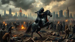 A chaotic cyberpunk interpretation of Bruegel's "The Triumph of Death", capturing the symbolic "harvest" of humanity. this is terror. A dystopian metropolis under smog sky, where cybernetic grim reapers are executing physical harvest. Many of humans citizens killed an army of cyberwarrior androids and robots, panicking people, many bodies lying on the ground. In the foreground, a cyber-death warrior in black hood with futuristic gun, on a mechanical horse, thriller