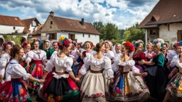 hungarian village wedding, group of women dancing in authentic Hungarian sárköz colorful folk dress with flowers shapes , high realistic, high qulity, detailed, happy, stunning, perfect photo